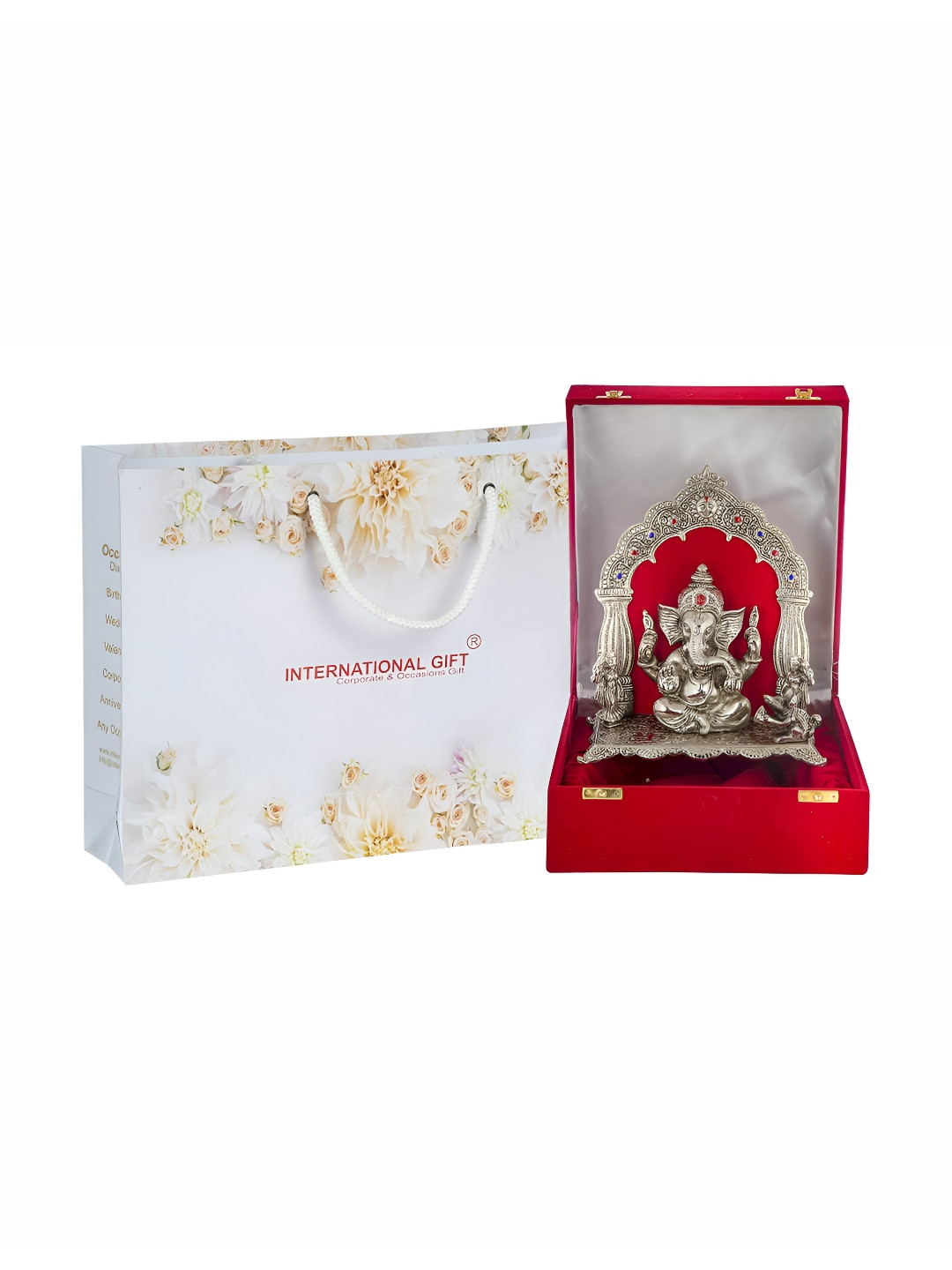 INTERNATIONAL GIFT Ganesha Silver Metal Metallic Prayer Room Small Showpiece - 10.2 Inches