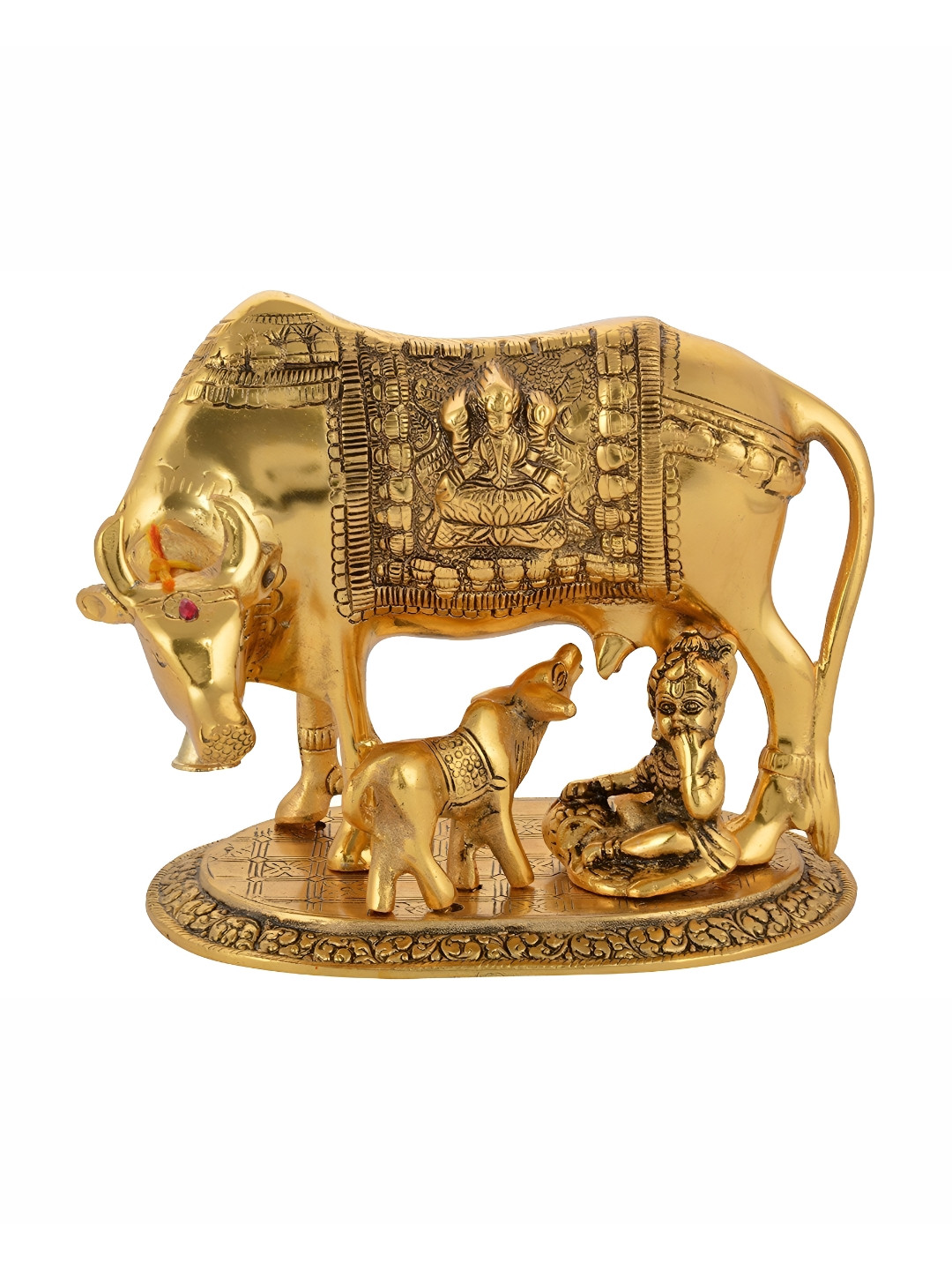 INTERNATIONAL GIFT Kamdhenu Cow with Laddu and Gopal Gold Metal Metallic Prayer Room Small Showpiece - 7.1 Inches