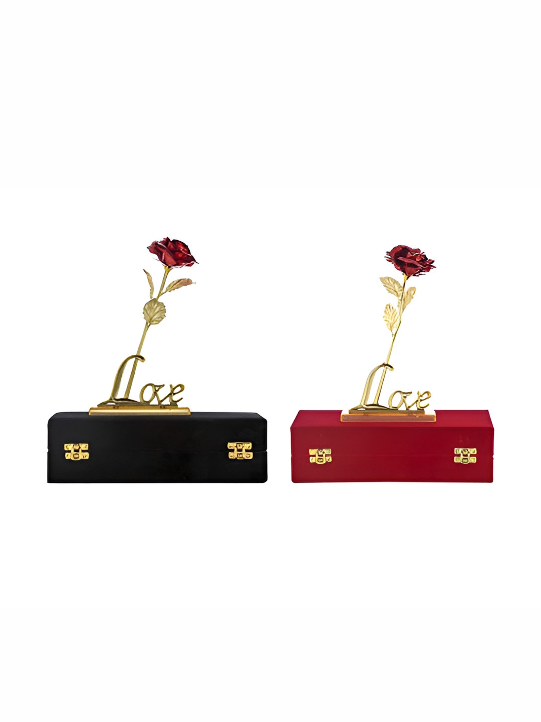 INTERNATIONAL GIFT Red & Gold toned 2Pcs Rose Flower With Love Shape Stand Home Gifts sets
