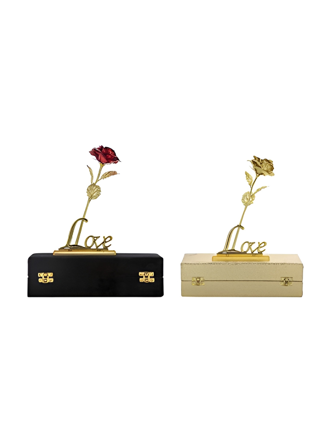 INTERNATIONAL GIFT Red Rose with Love Stand Gold Metal Metallic Living Room Set of 4 Small Showpieces - 9.8 Inches