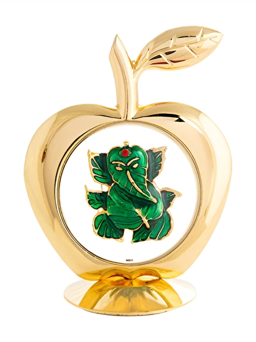 INTERNATIONAL GIFT Apple Shape Leaf Ganesha Gold Brass Metallic Prayer Room Small Showpiece - 4.7 Inches