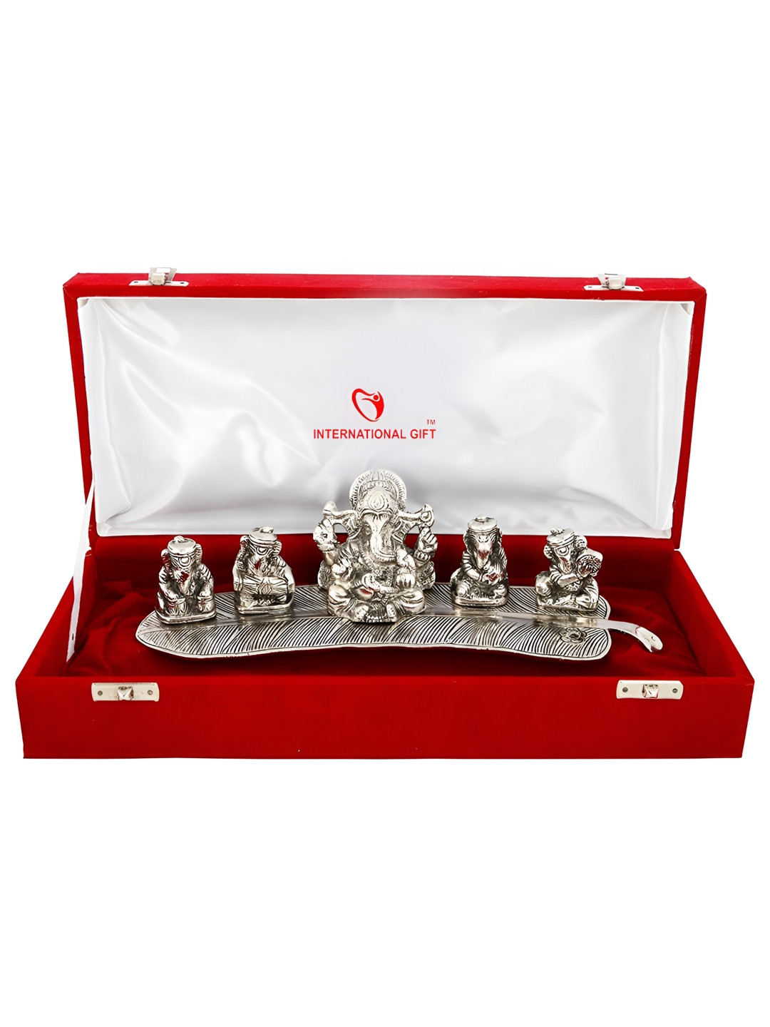 INTERNATIONAL GIFT Musical Ganesh with Box Silver Brass Metallic Prayer Room Music Small Showpiece - 3.1 Inches