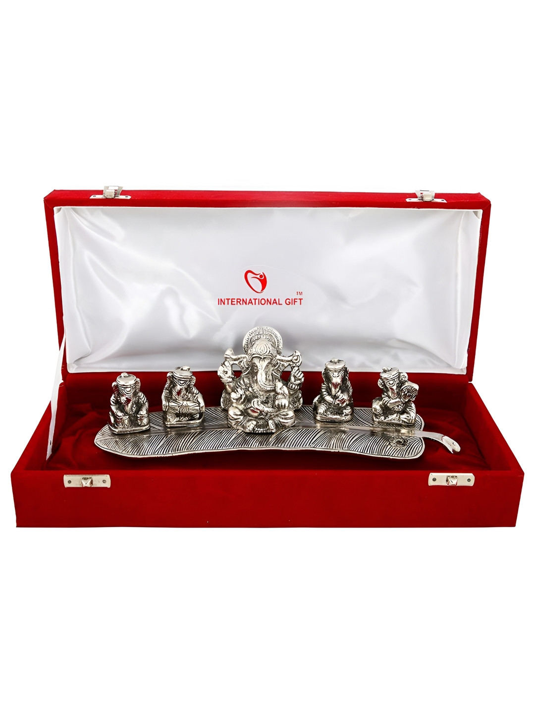INTERNATIONAL GIFT Ganesh God Silver Brass Metallic Prayer Room Music Small Showpiece - 4.7 Inches