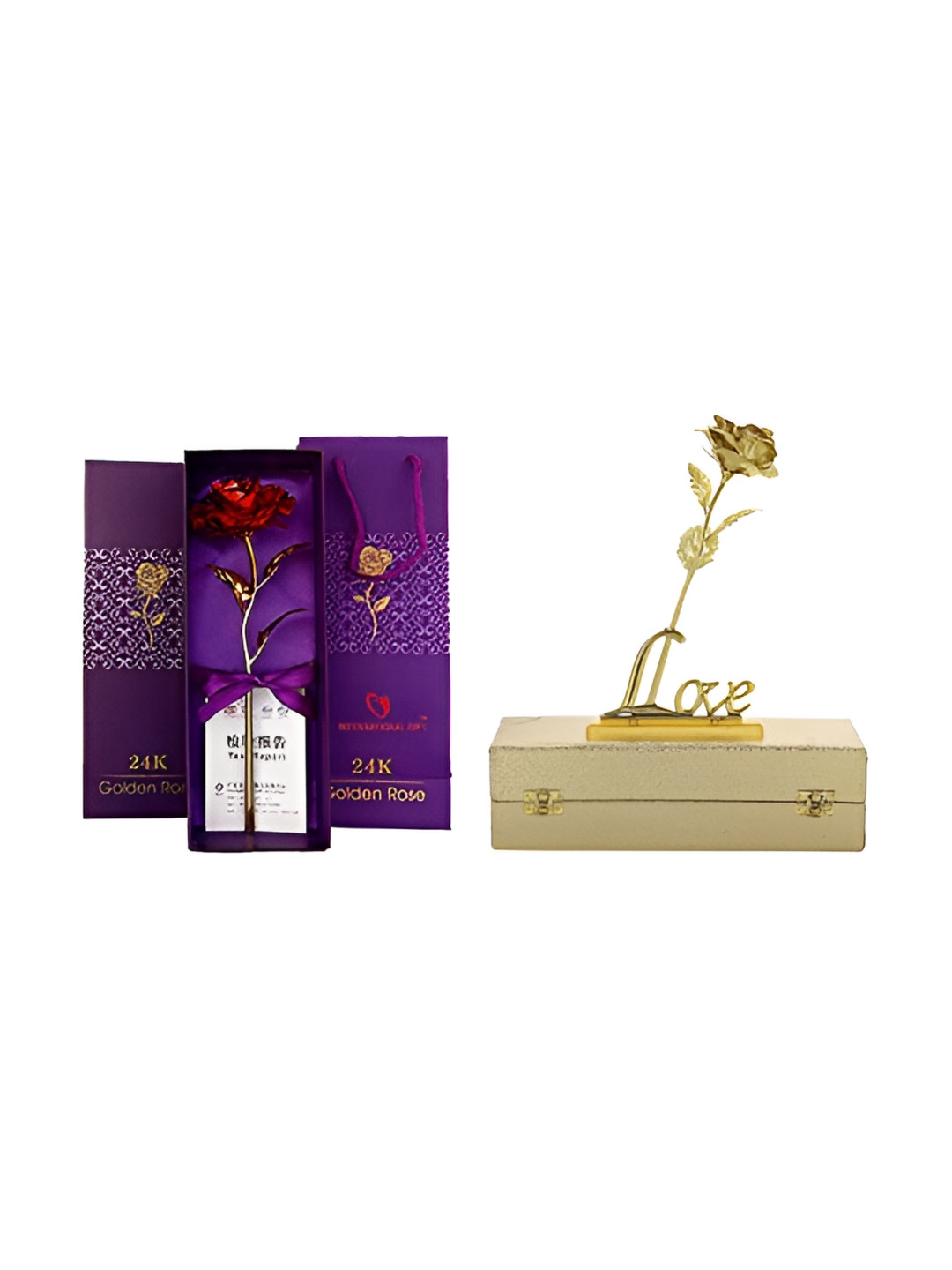 INTERNATIONAL GIFT Gold Toned Rose Flower With Love Shaped Gift Set