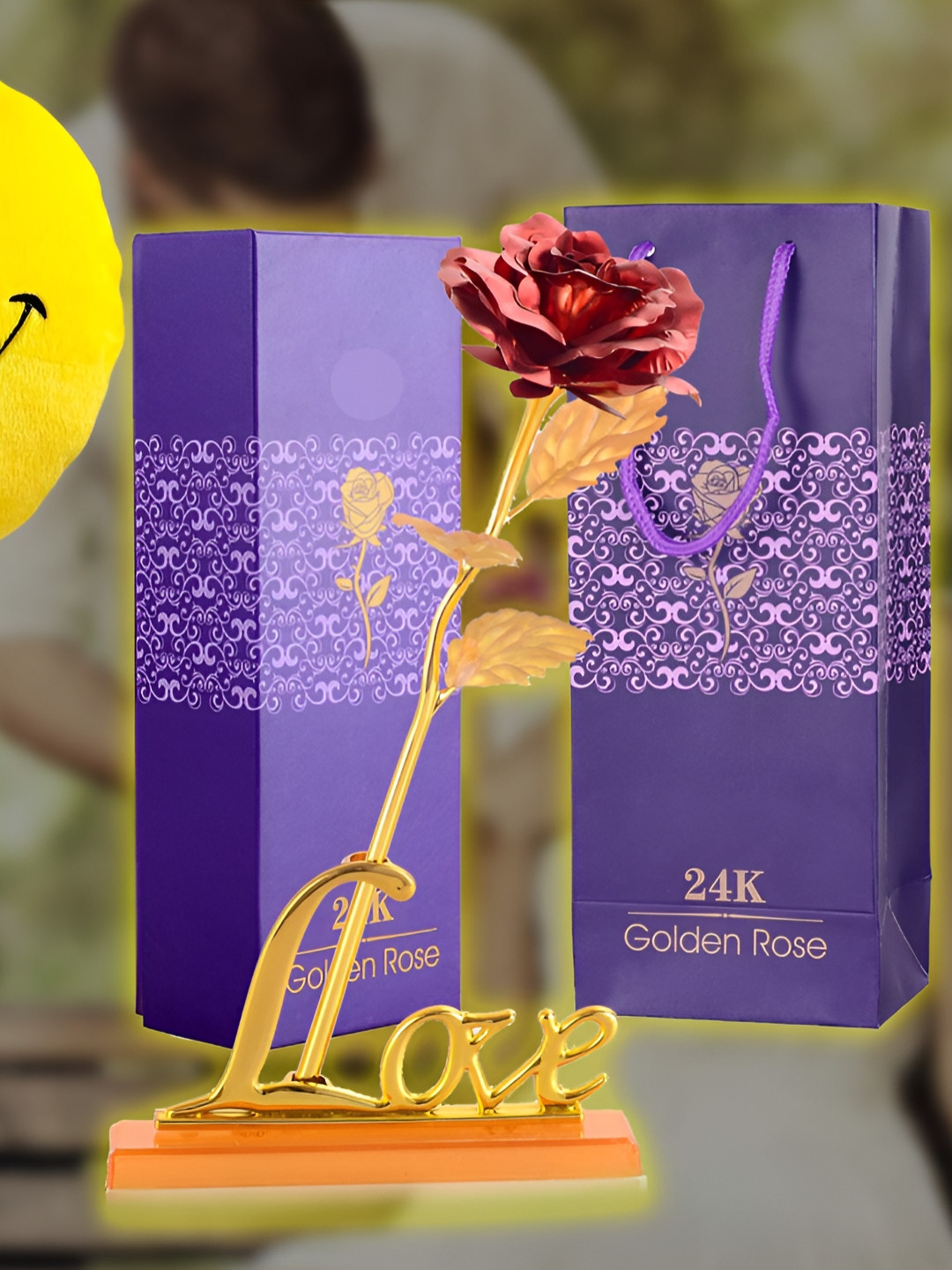 INTERNATIONAL GIFT Red & Goldtoned Rose Flower With Love Stand & Carry Bag & Smiley Pillow