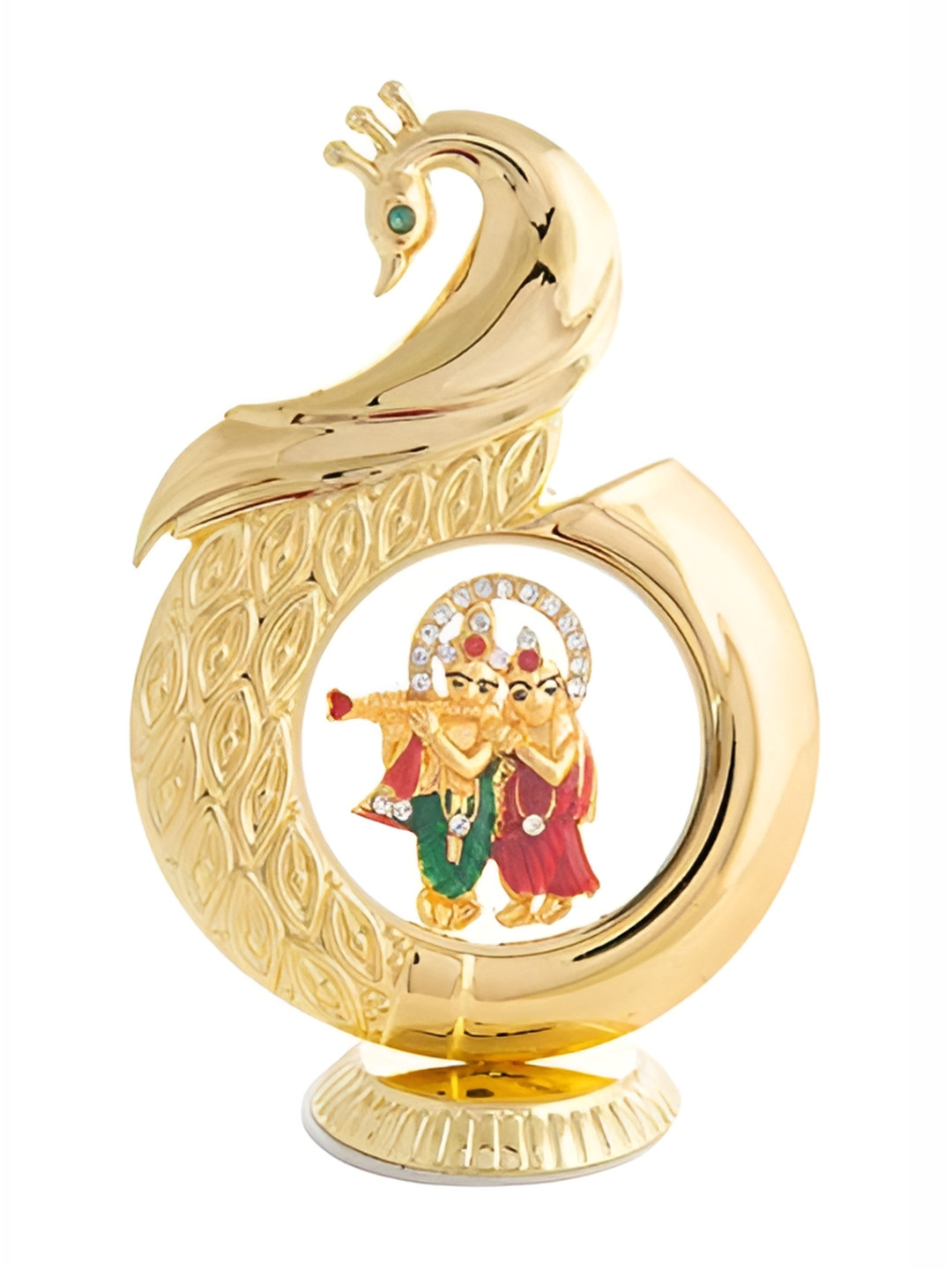 INTERNATIONAL GIFT Peacock Shape Radha Krishna Gold Brass Metallic Prayer Room Small Showpiece - 4.7 Inches