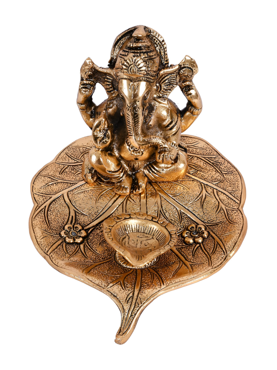 INTERNATIONAL GIFT Leaf Ganesh God Gold Metal Metallic Prayer Room Small Showpiece - 4.7 Inches