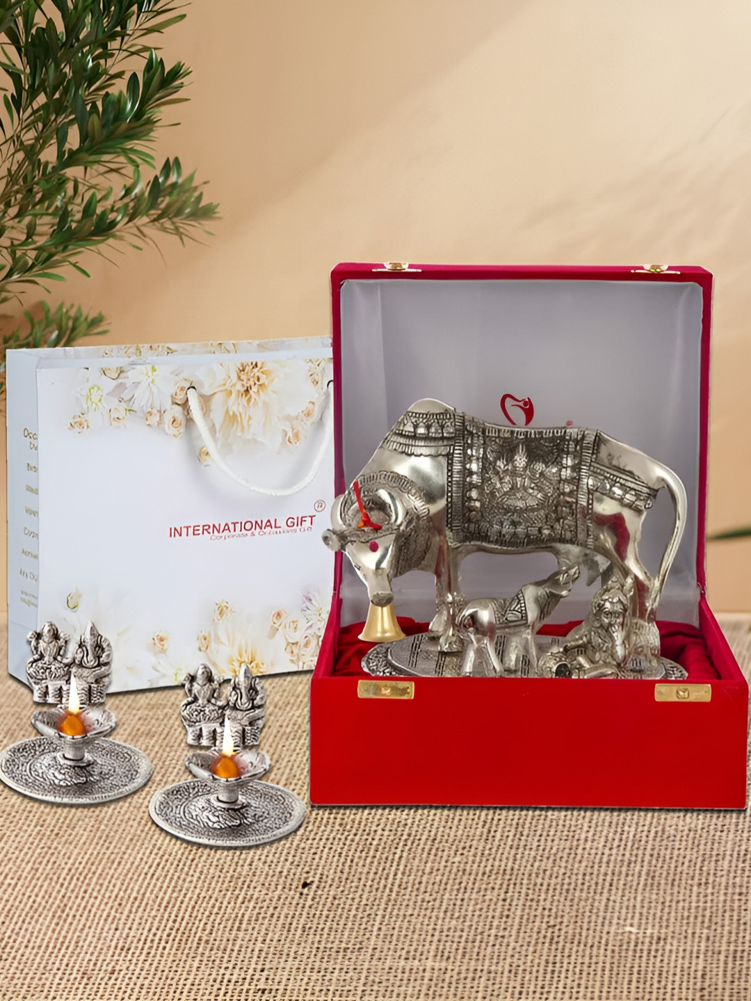 INTERNATIONAL GIFT Silver 3 Pieces Kamdhenu Cow With Calf Idol Diya Gift Set