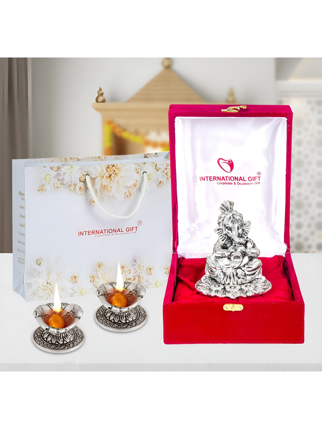 INTERNATIONAL GIFT Silver Toned 3 Pcs Ganesh Idol With Shehanais With Diya Set