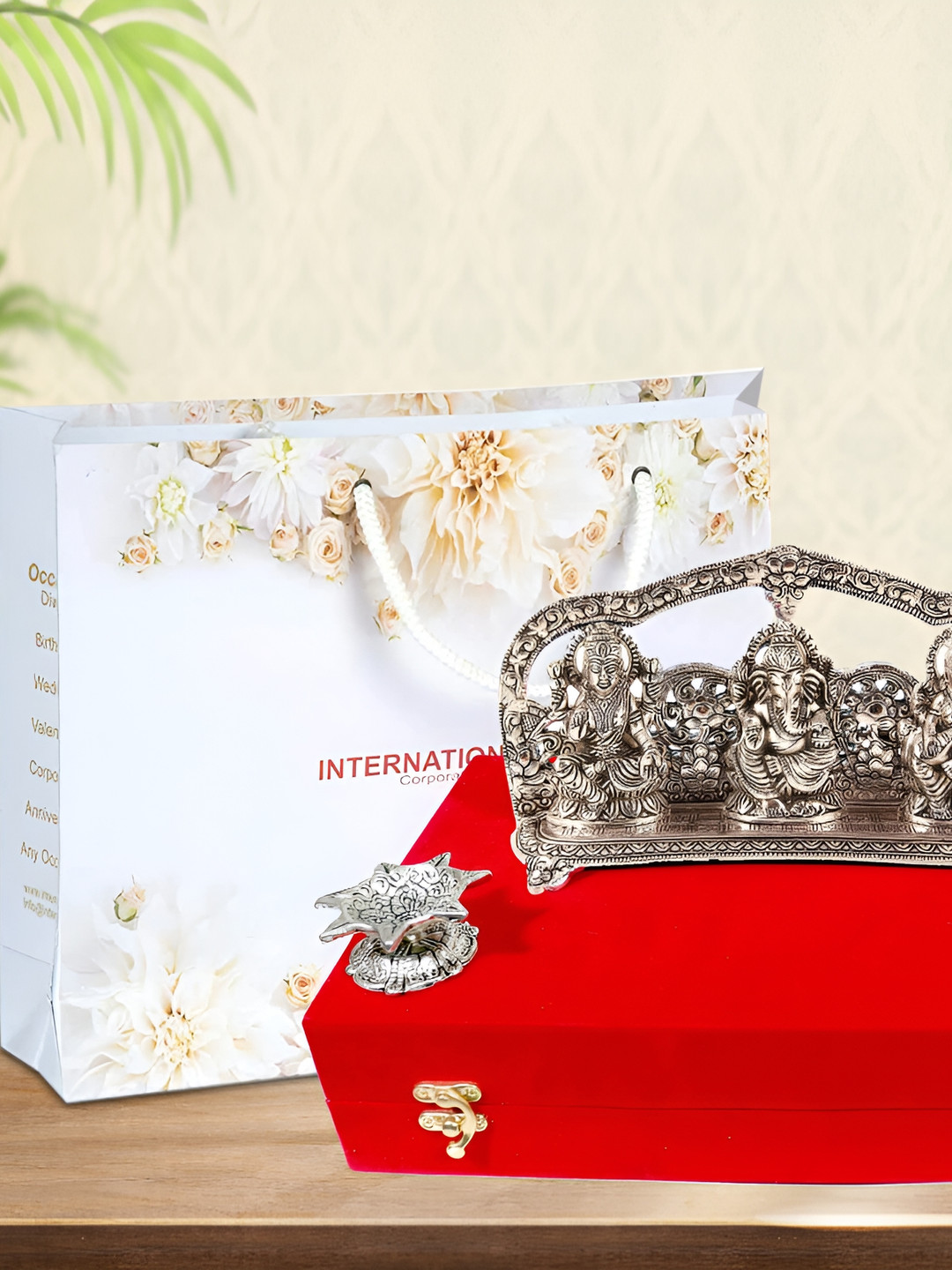 INTERNATIONAL GIFT Laxmi Ganesh Sarswati Silver Metal Mirrored Prayer Room Small Showpiece - 5.5 Inches