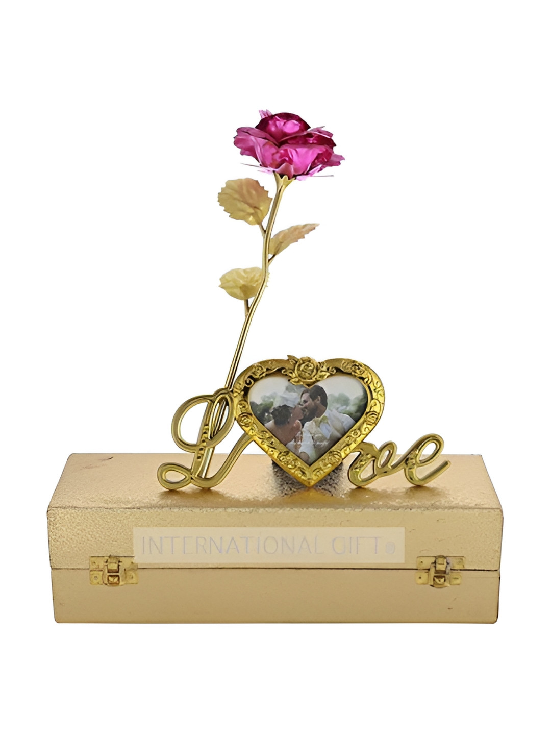 INTERNATIONAL GIFT Pink & Gold Toned Rose Flower With Photo Frame Gift Set