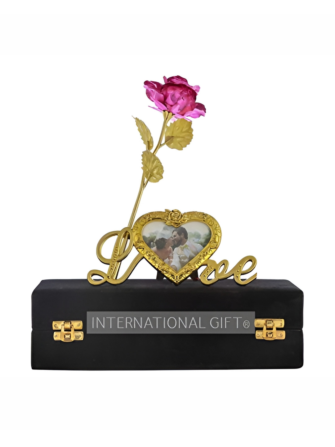 INTERNATIONAL GIFT Pink Rose Flower With Leaf With Heart Photo Frame Love Shape Gift Set