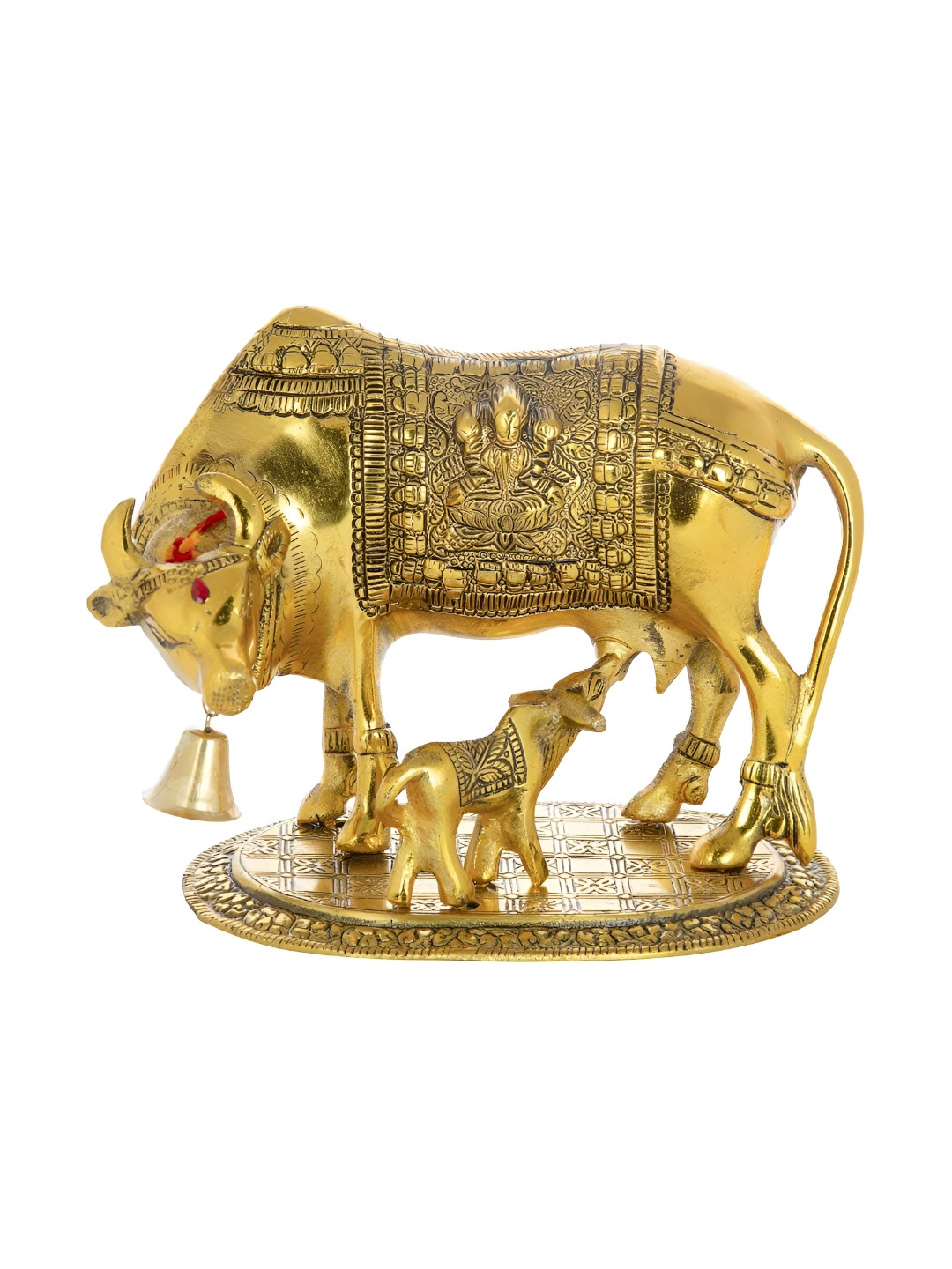 INTERNATIONAL GIFT Kamdhenu Cow with Calf Gold Metal Metallic Prayer Room Small Showpiece - 7.1 Inches