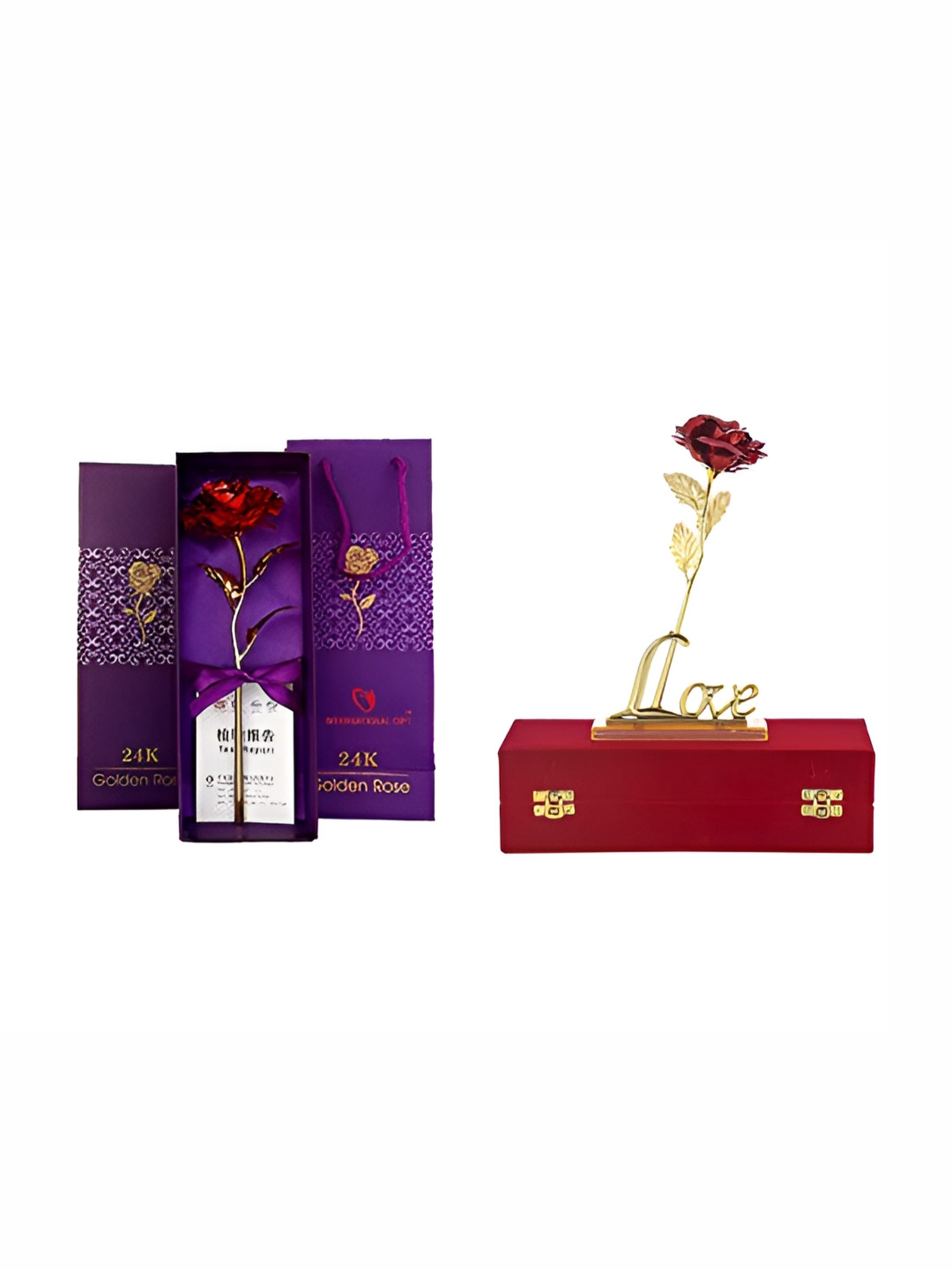 INTERNATIONAL GIFT Red Rose and Red Rose Flower Gold Plastic Natural Living Room Set of 3 Small Showpieces - 2.4 Inches