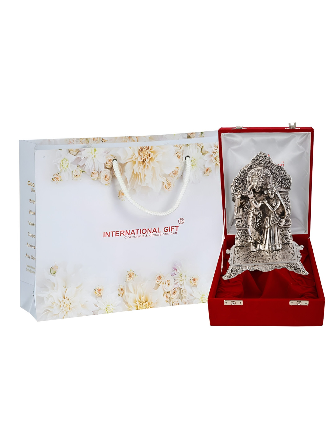 INTERNATIONAL GIFT Radha Krishna Chowki God Silver Brass Metallic Prayer Room Small Showpiece - 7.1 Inches