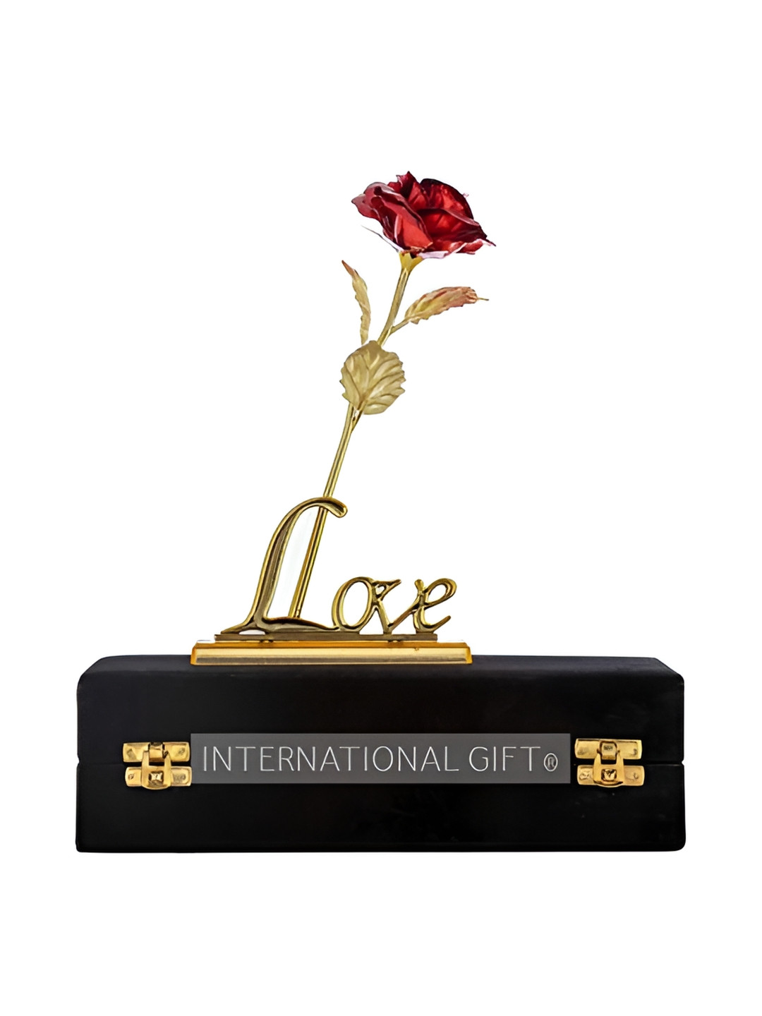 INTERNATIONAL GIFT Rose Flower with Leaf and Love Shape Stand Red Plastic Glossy Bedroom Set of 2 Small Showpieces - 2.4 Inches