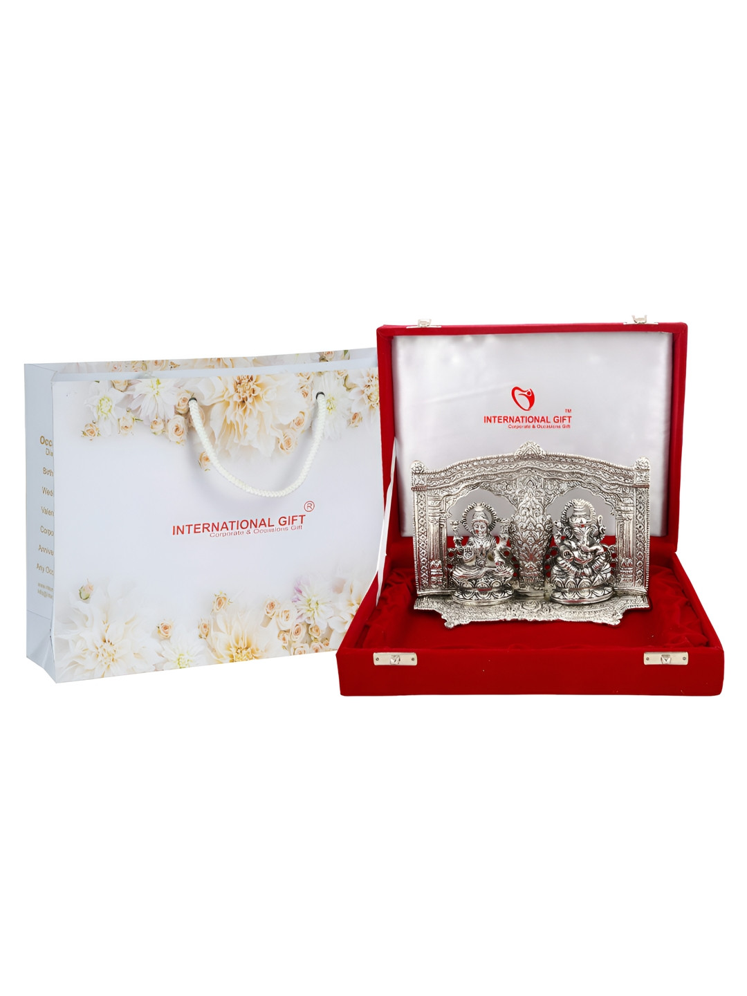 INTERNATIONAL GIFT Laxmi Ganesh with Gift Box Silver Metal Metallic Prayer Room Small Showpiece - 1.8 Inches