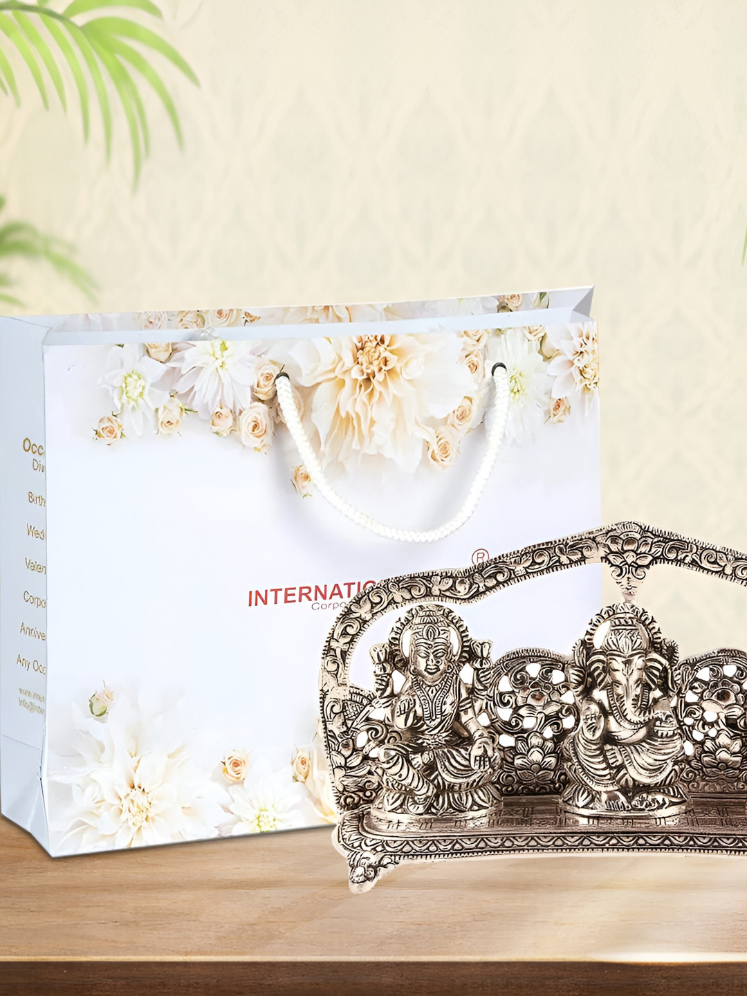 INTERNATIONAL GIFT Laxmi Ganesh Saraswati Silver Aluminium Metallic Prayer Room Small Showpiece - 5.5 Inches