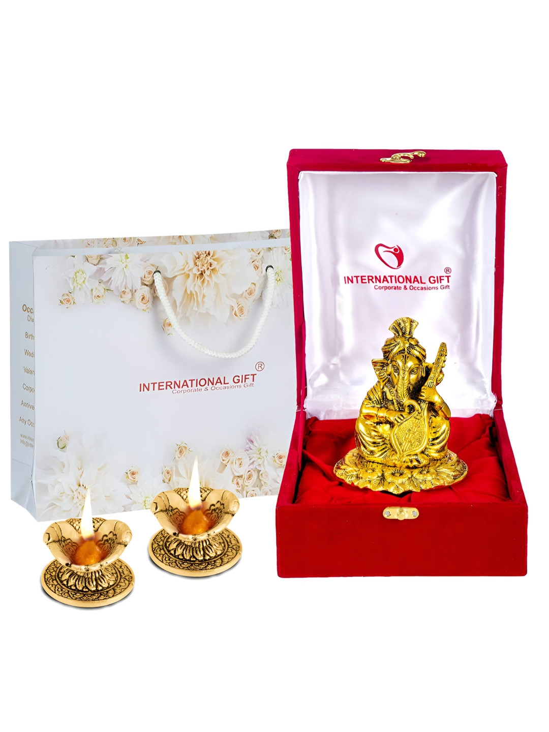 INTERNATIONAL GIFT Gold Toned & Red Ganesh Idol With Sitar With 2-pcs Diya Gift Set