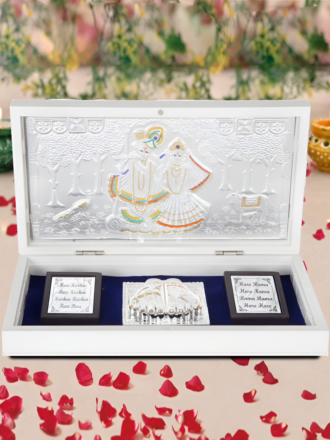 INTERNATIONAL GIFT Silver Coated Radha Krishna God Idol With Charan Paduka