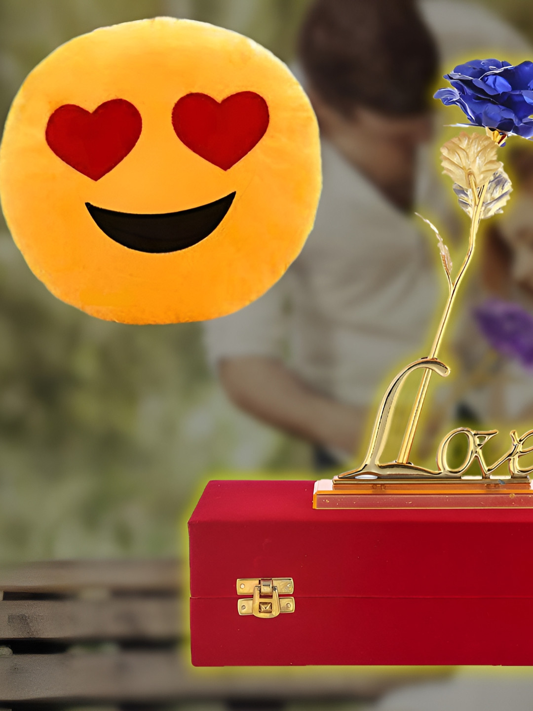 INTERNATIONAL GIFT Rose Flower with Love Stand Blue Plastic Matte Living Room Set of 3 Small Showpieces - 2.4 Inches