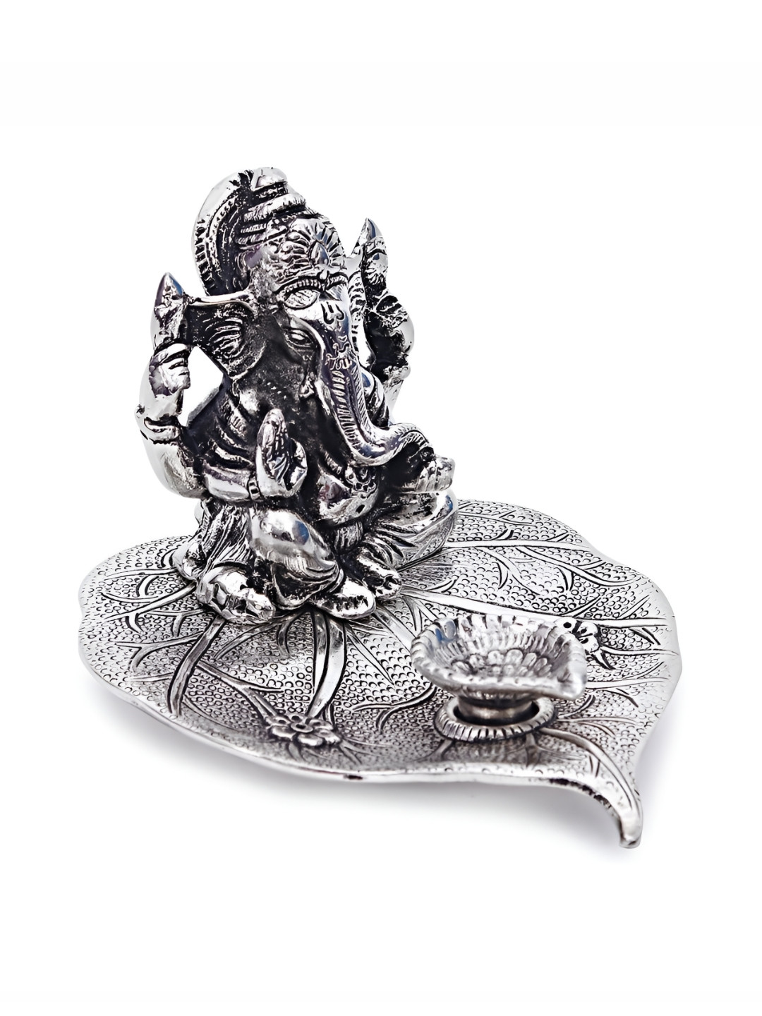 INTERNATIONAL GIFT Leaf Ganesh Silver Metal Metallic Prayer Room Small Showpiece - 4.7 Inches