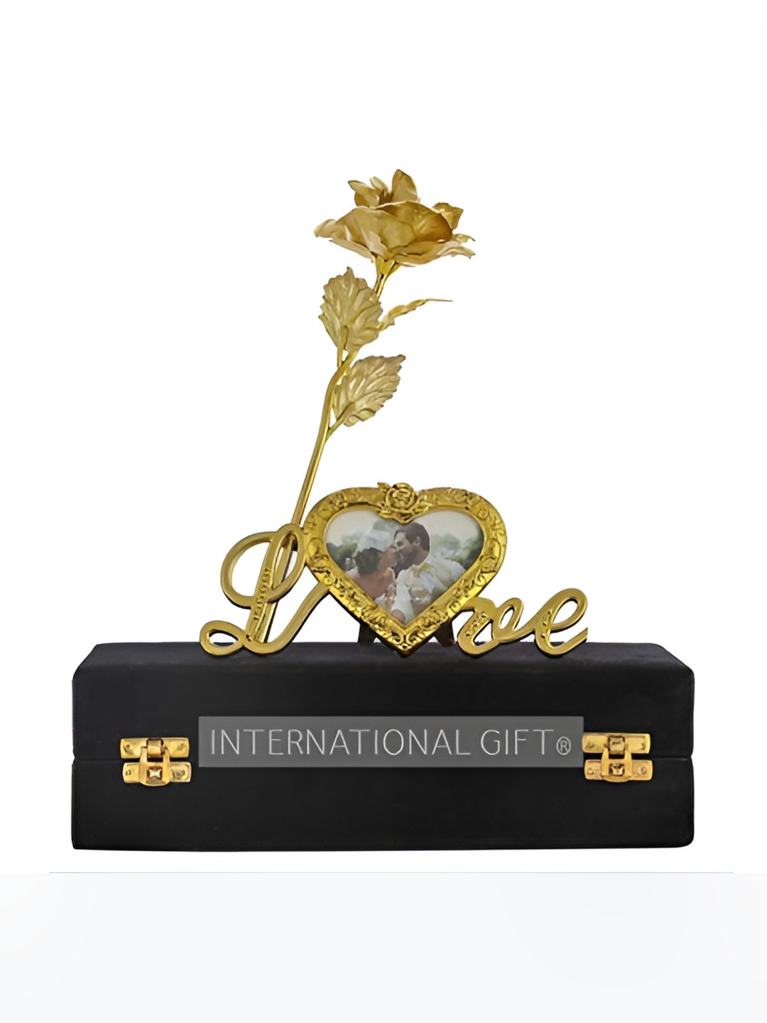 INTERNATIONAL GIFT Rose Flower with Leaf with Love Shape Gold Plastic Natural Living Room Set of 2 Small Showpieces - 2.4 Inches