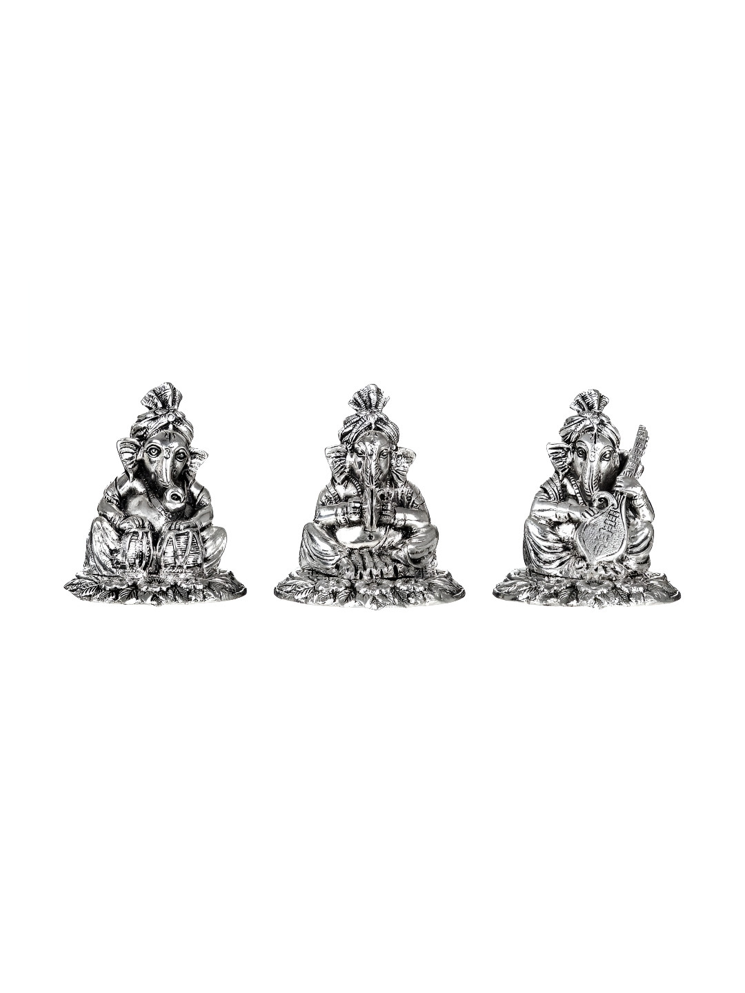 INTERNATIONAL GIFT Musical Ganesha Silver Metal Metallic Prayer Room Music Set of 3 Small Showpieces - 4.7 Inches