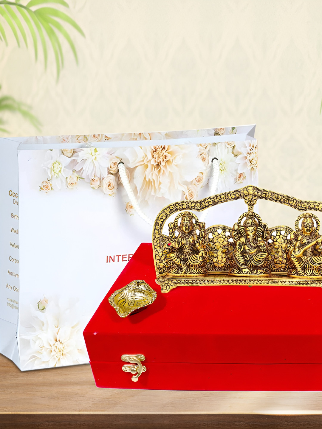 INTERNATIONAL GIFT Beige & Red  Laxmi Ganesh Sarswati With Swastik Diya Gift Sets