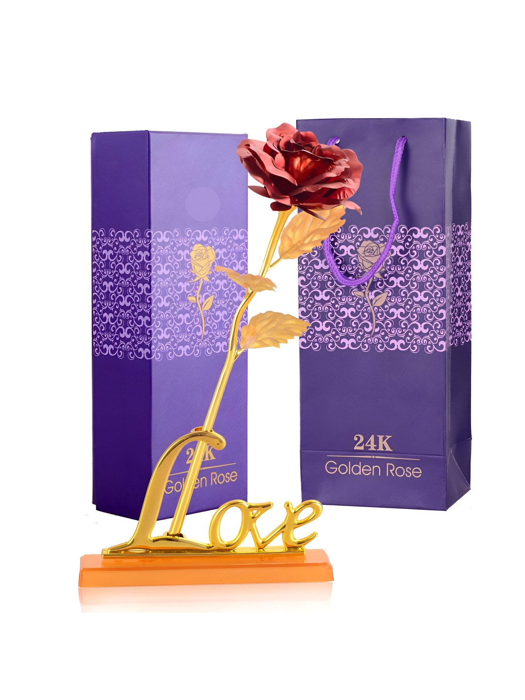 INTERNATIONAL GIFT Red and GoldToned Rose Flower With Leaf & Luxury Black Gift Box