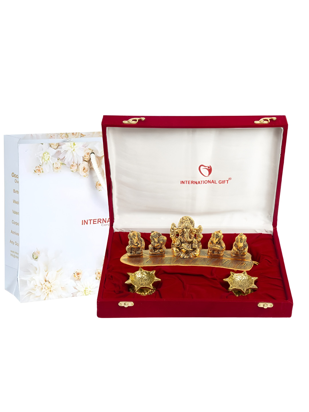 INTERNATIONAL GIFT Gold Toned Ganesh God Idol Statue With Jyotdiya Gift Set
