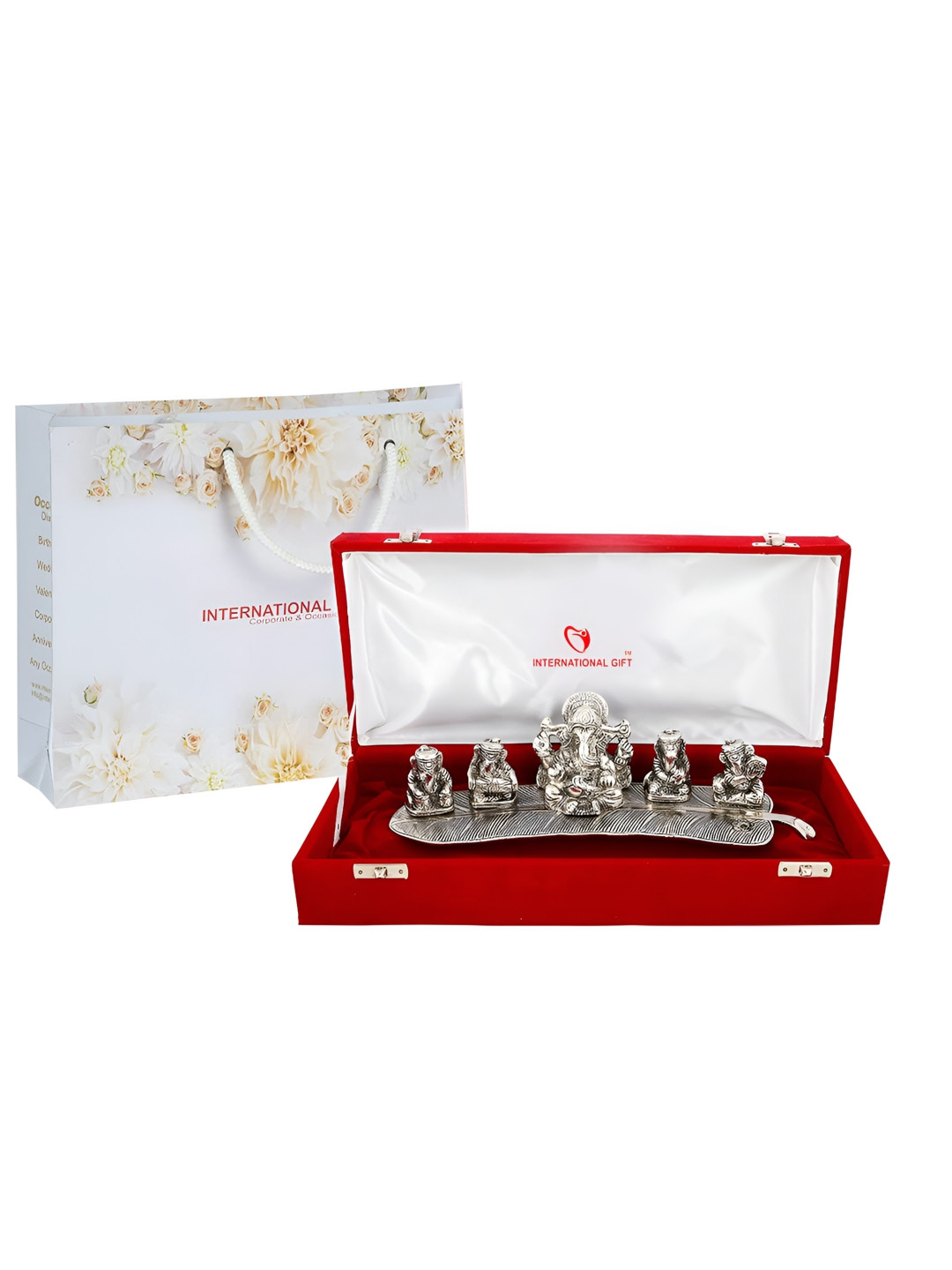 INTERNATIONAL GIFT Silver Toned Brass Musical Ganesh Idol Gift Set