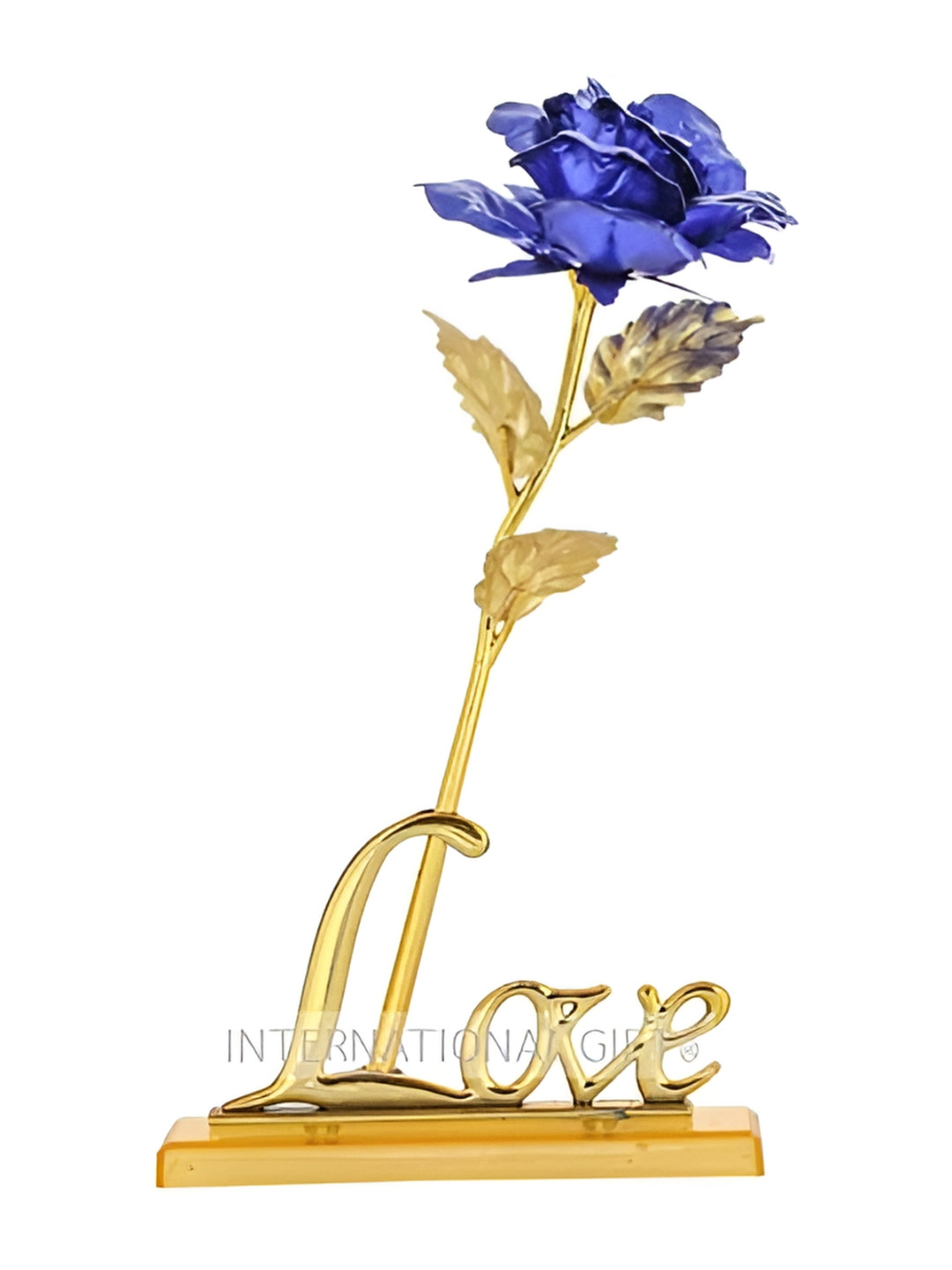 INTERNATIONAL GIFT Blue & Gold Toned Rose Flower With Leaf With Love Shape Stand Gift Set