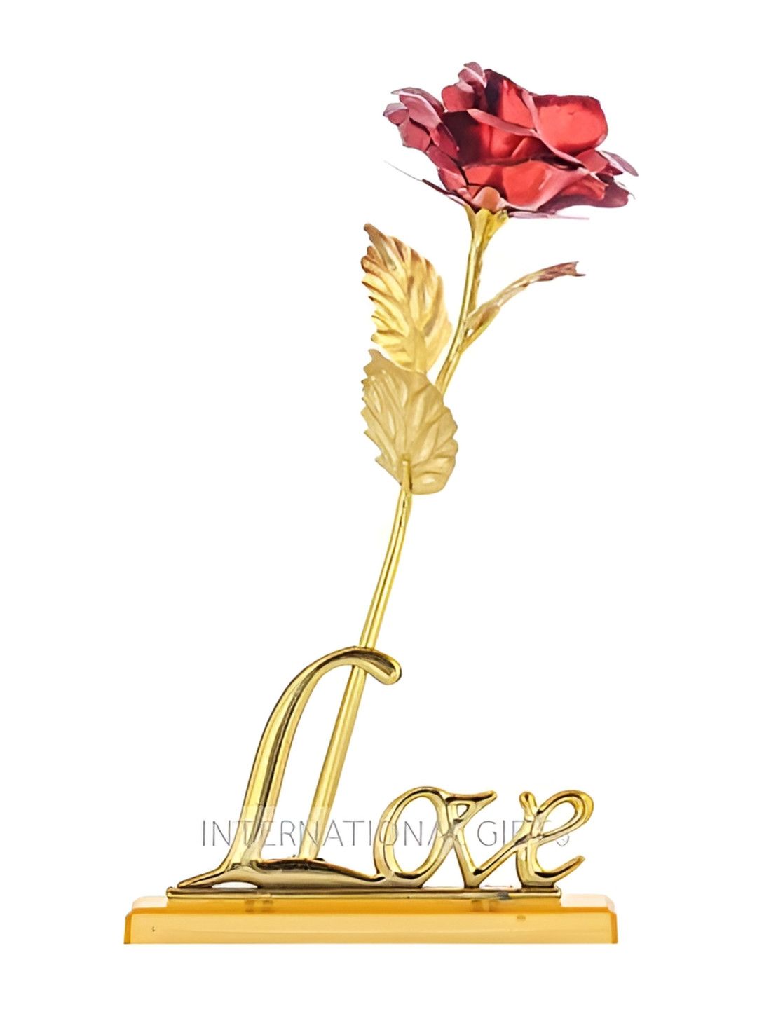 INTERNATIONAL GIFT Red & Gold Toned Rose Flower With Leaf With Love Shape Gift Set