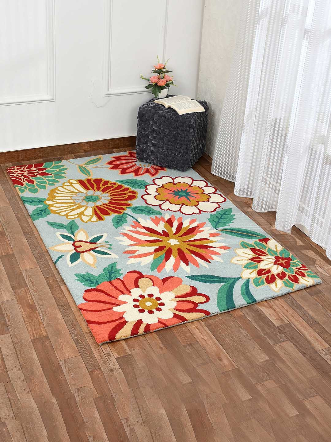 PRESTO Sky Blue Floral Printer Rectangular Woolen Carpet