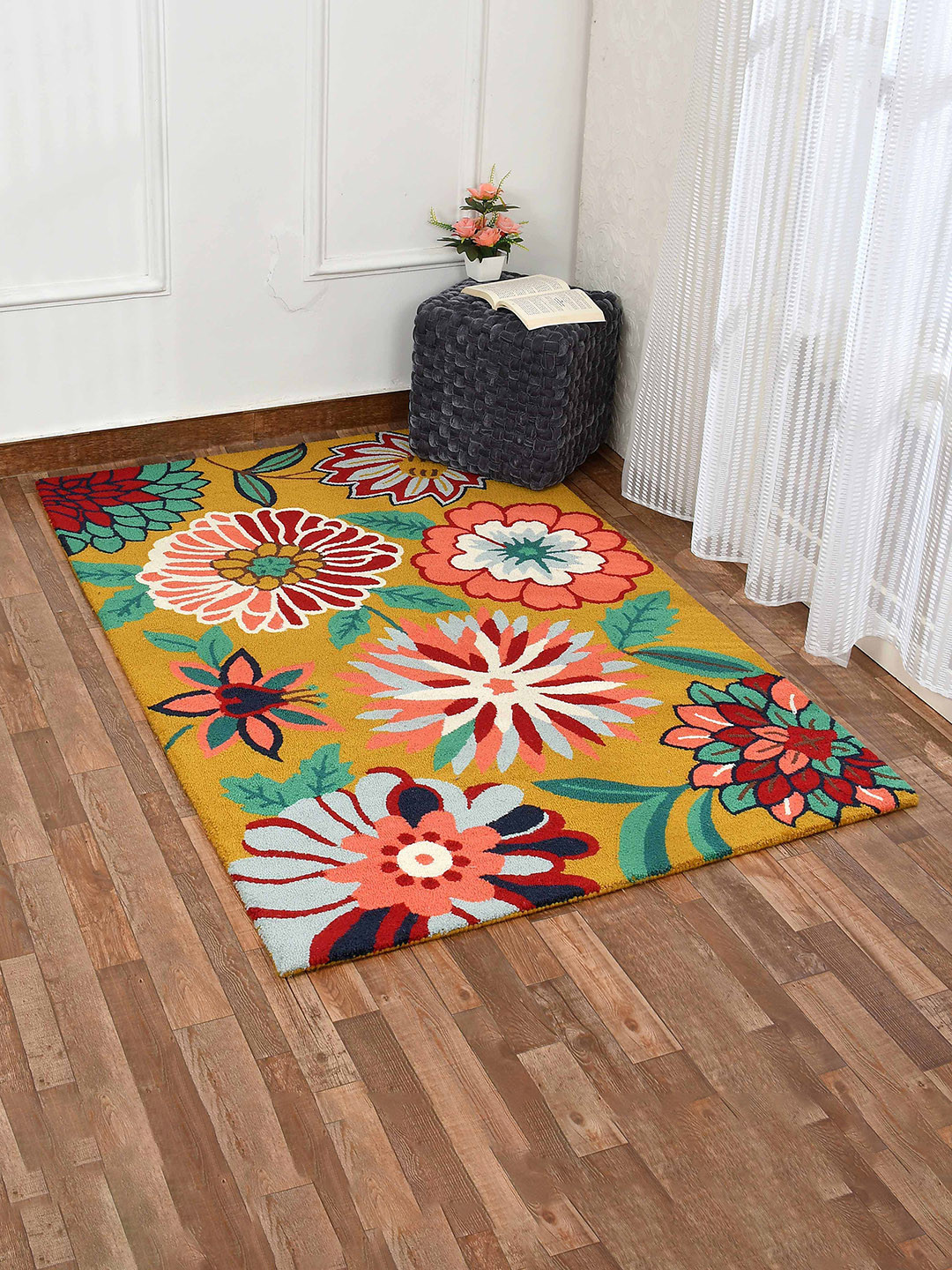 PRESTO Yellow & Maroon Floral HandTufted Woolen Rectangular Carpet