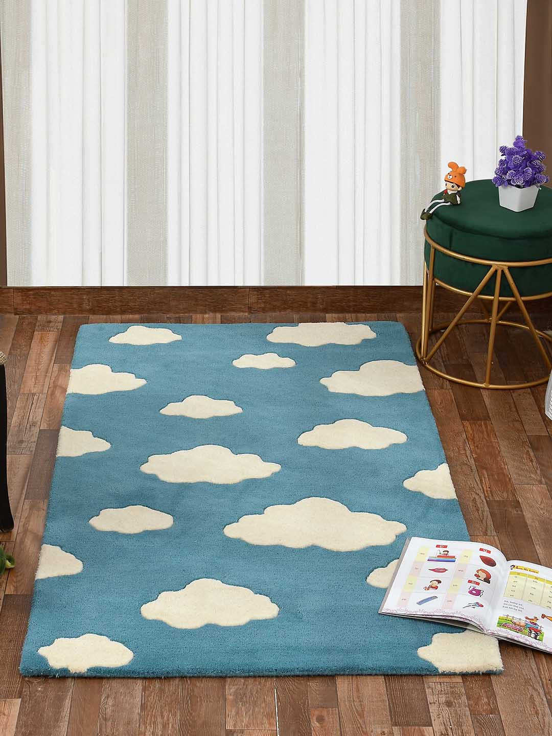 PRESTO White & Blue Cloud Abstract HandTufted Woollen Rectangular Carpet