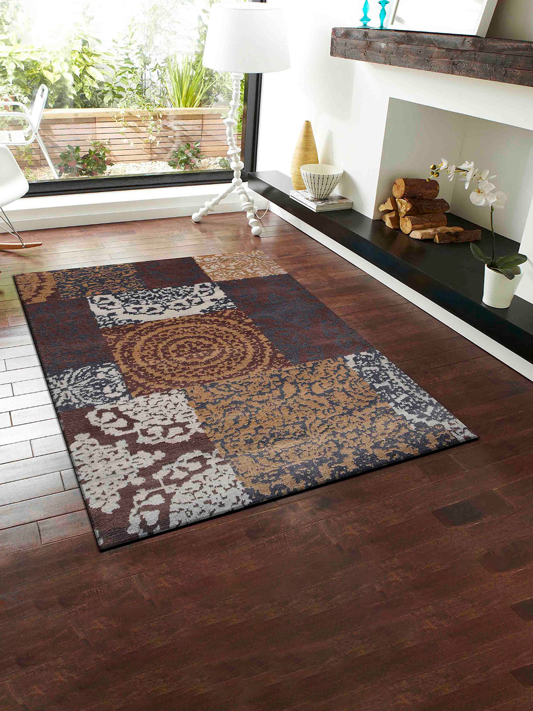PRESTO Brown & Off White Ethnic Motifs Traditional No Shredding Carpet