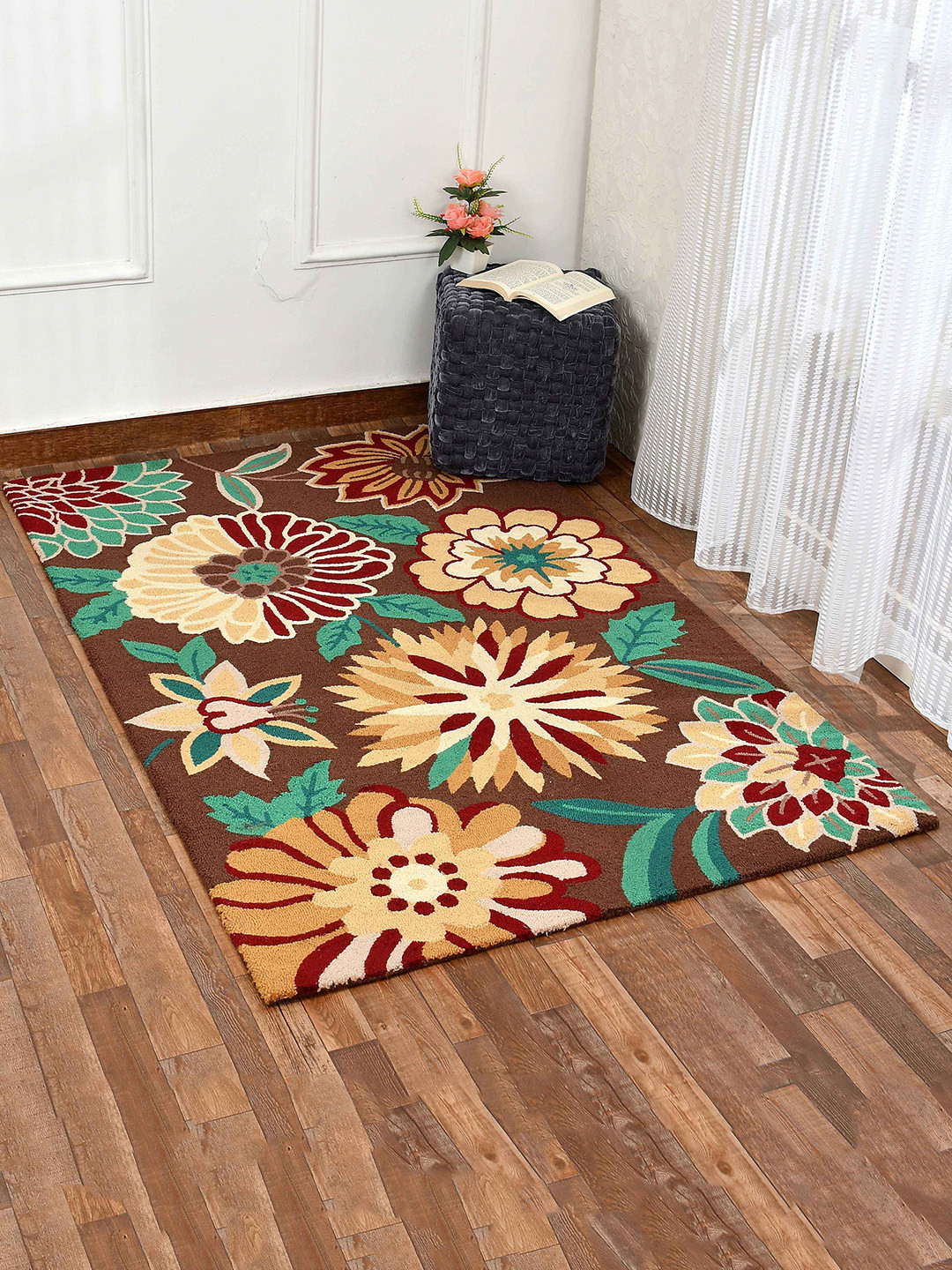 PRESTO Brown & Teal Green Floral HandTufted  Woollen Rectangular Carpets