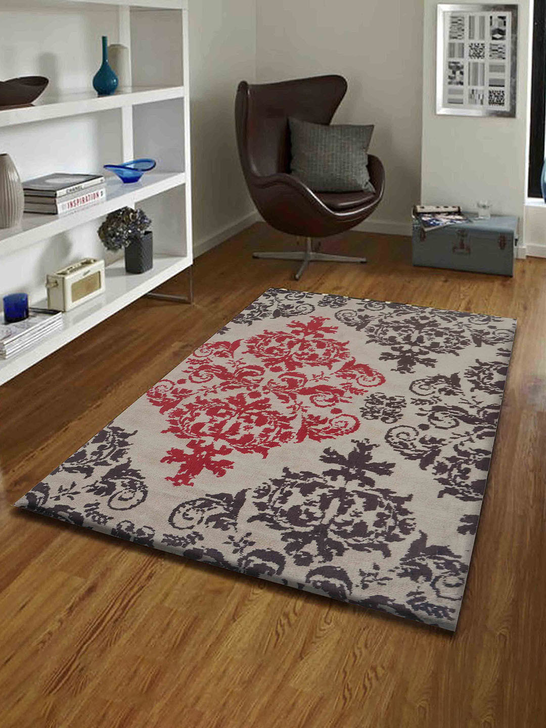 PRESTO Red & Beige Ethnic Motifs Traditional No Shredding Carpet