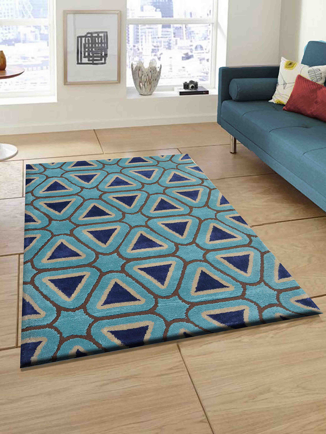 PRESTO Blue & Brown Abstract Rectangular Floor Carpet