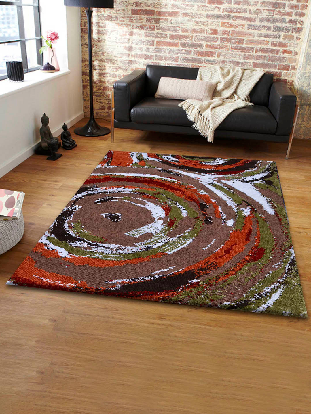 PRESTO Brown & Green Geometric Woven-Design Rectangular Carpet