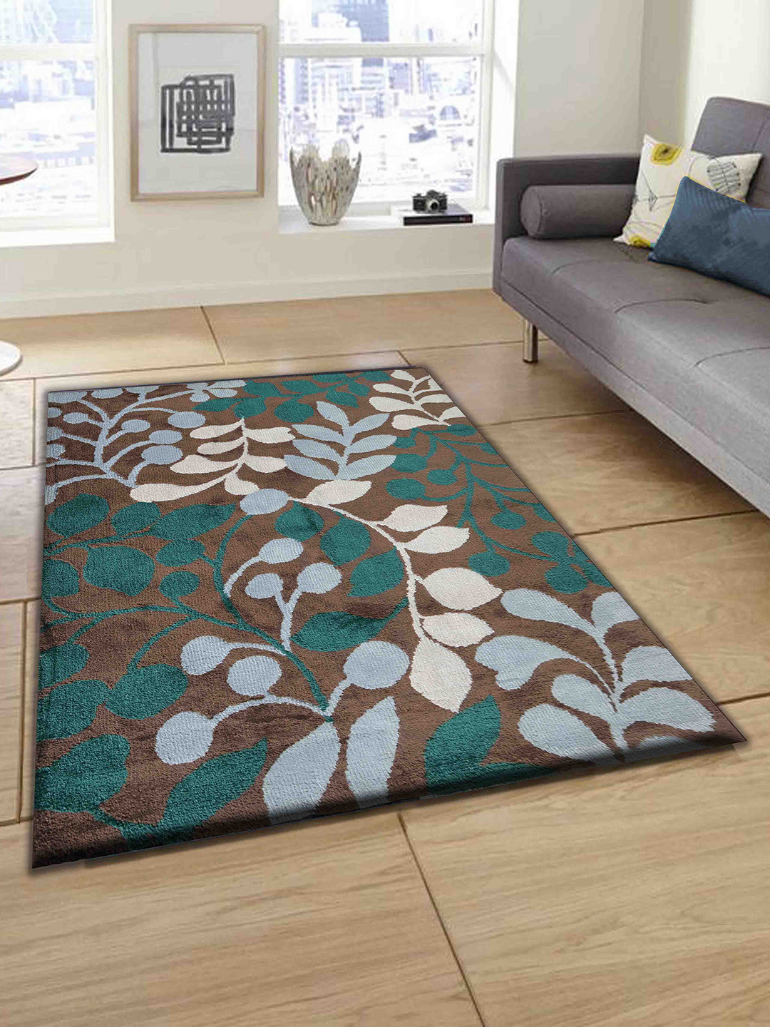 PRESTO Brown & Green Floral Rectangular Floor Carpet
