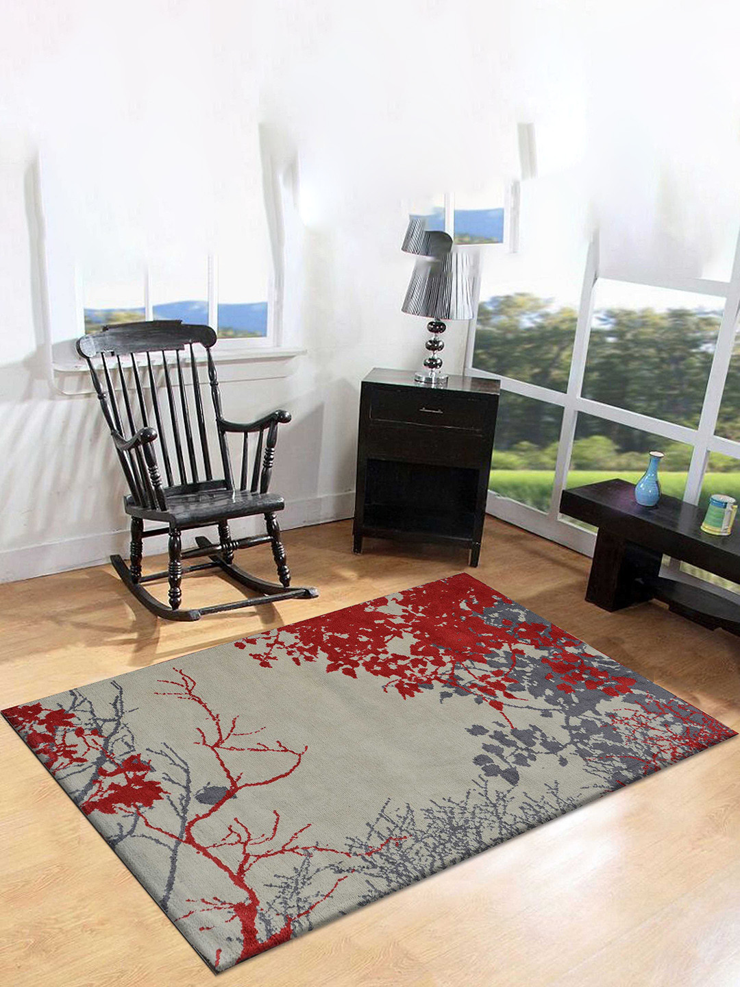 PRESTO Red & Grey Floral Rectangular Floor Carpet
