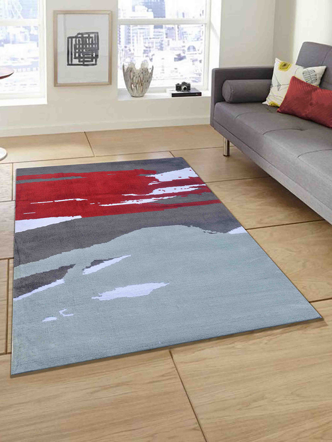 PRESTO Red & Grey Abstract Woven-Design Rectangular Carpet