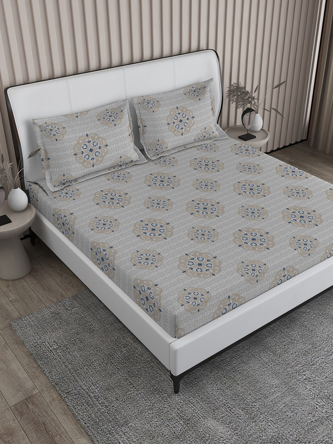 Boutique Living India Riviera Grey Ethnic Cotton 152 TC King Bedsheet with 2 Pillow Covers