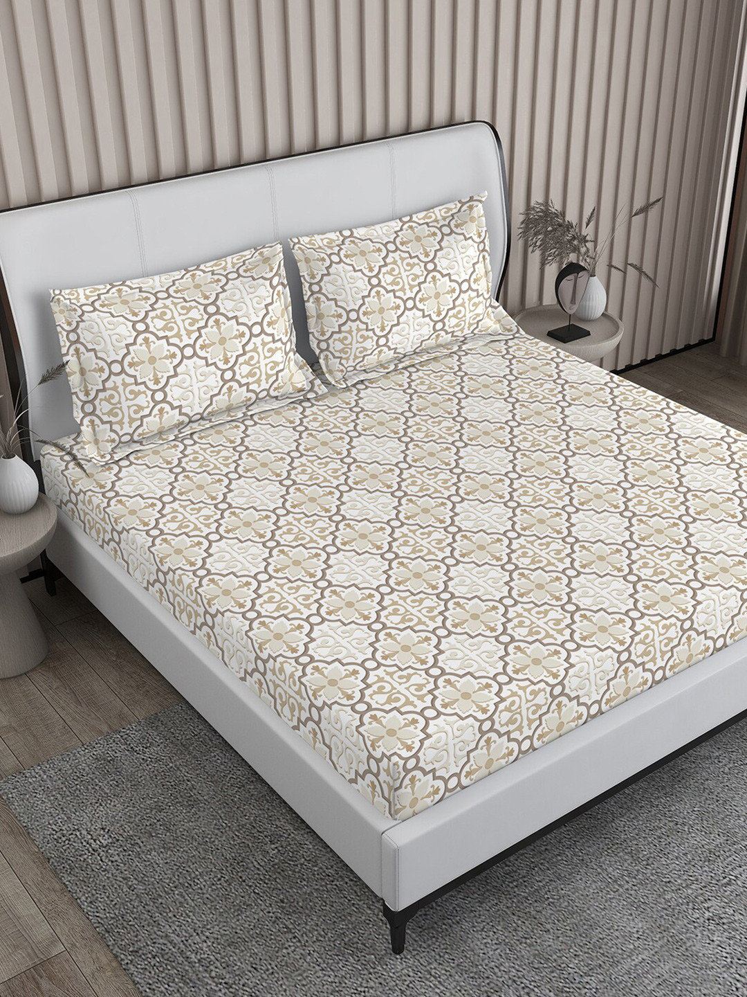 Boutique Living India Baltic Brown Ethnic Tencel 220 TC King Bedsheet & 2 Pillow Covers