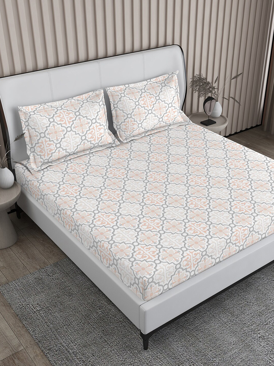 Boutique Living India Baltic Grey Ethnic Tencel 220 TC King Bedsheet & 2 Pillow Covers