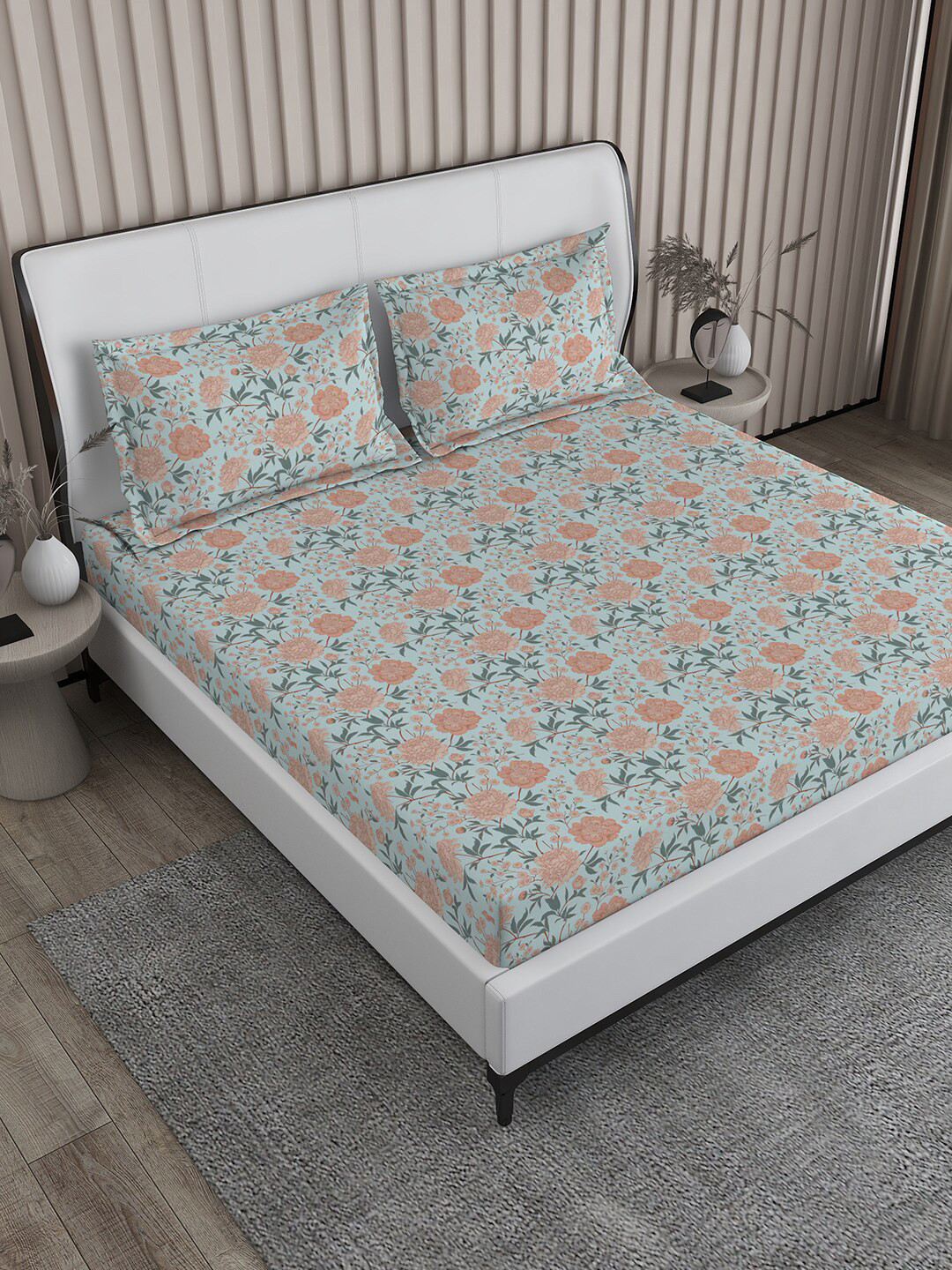 Boutique Living India Signature sateen Pink Floral 300 TC King Bedsheet & 2 Pillow Covers