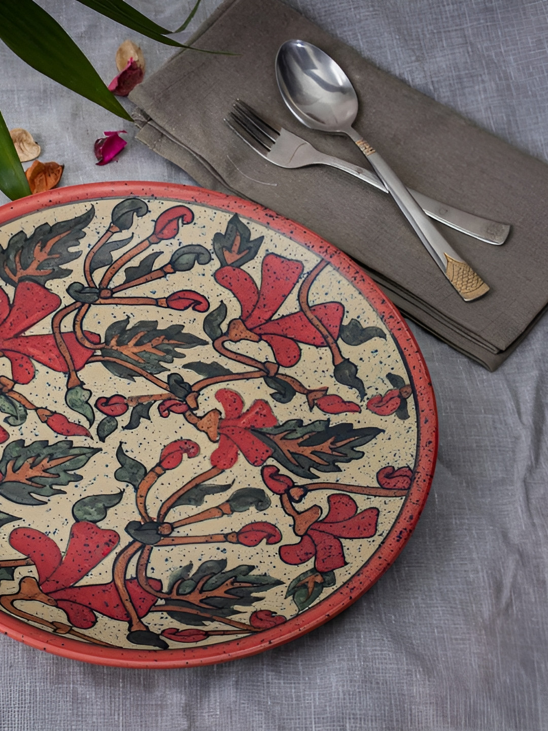 Caffeine Set of 4 Ceramic Orange Floral Dinner Plates 10 inch